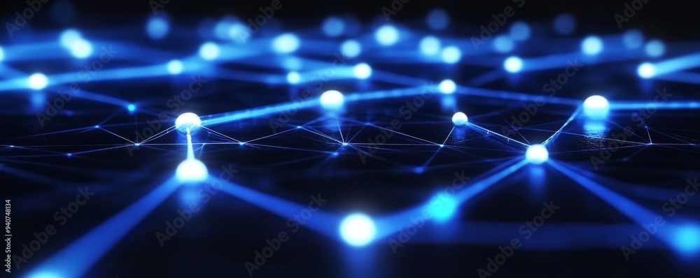 Obraz premium Abstract digital network with glowing blue nodes.