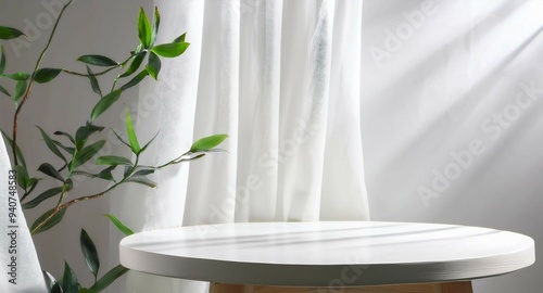 White wooden round side table with tropical plant, blowing white curtain in beautiful sunlight, leaf shadow on white wall for luxury beauty, organic, health, cosmetic, product display.
