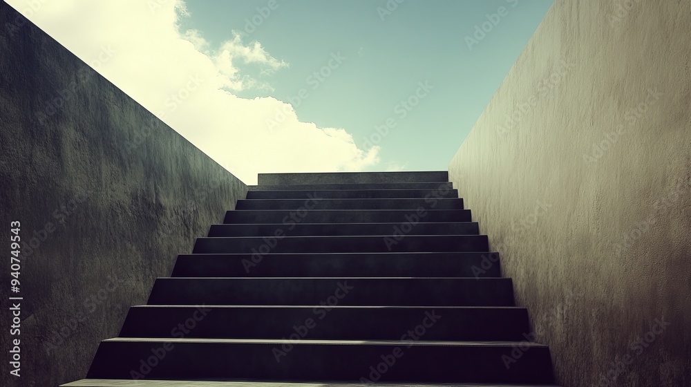 Fototapeta premium Concrete staircase leading upwards to a bright sky with clouds.
