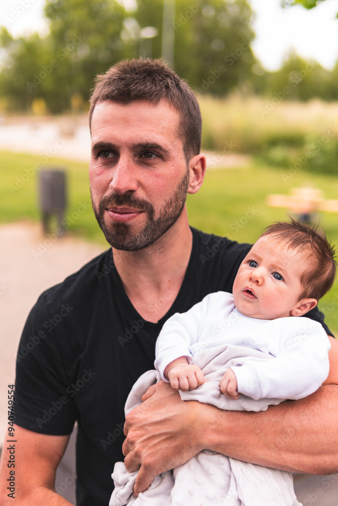 Father carrying baby boy in arm at playground Father carrying baby boy in arm at playground