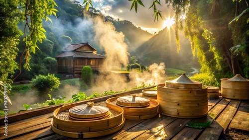 golden morning light pours onto steaming pad khing amidst misty greenery and rustic wood tones evoking serene rural thai culinary escapades photo