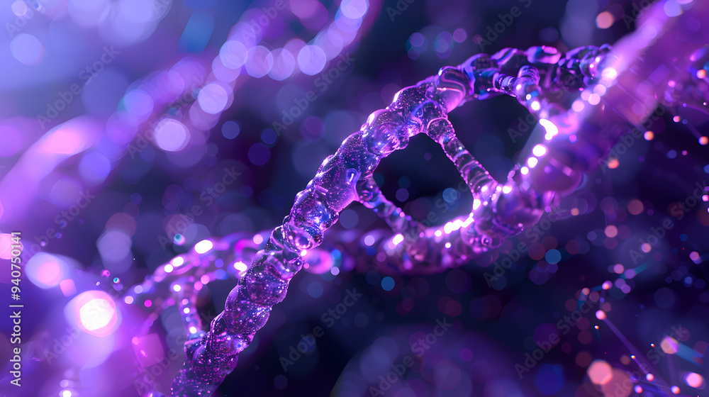 3d render of double helix DNA. Pink and purple color theme. Background with bokeh lights 3d render of double helix DNA. Pink and purple color theme. Background with bokeh lights