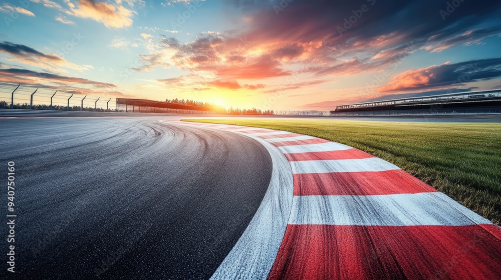 Naklejka premium A race track curves with a red and white stripe. This image is perfect for representing speed, competition, and achievement.