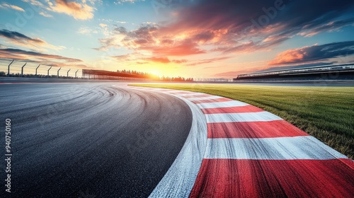 A race track curves with a red and white stripe. This image is perfect for representing speed, competition, and achievement.