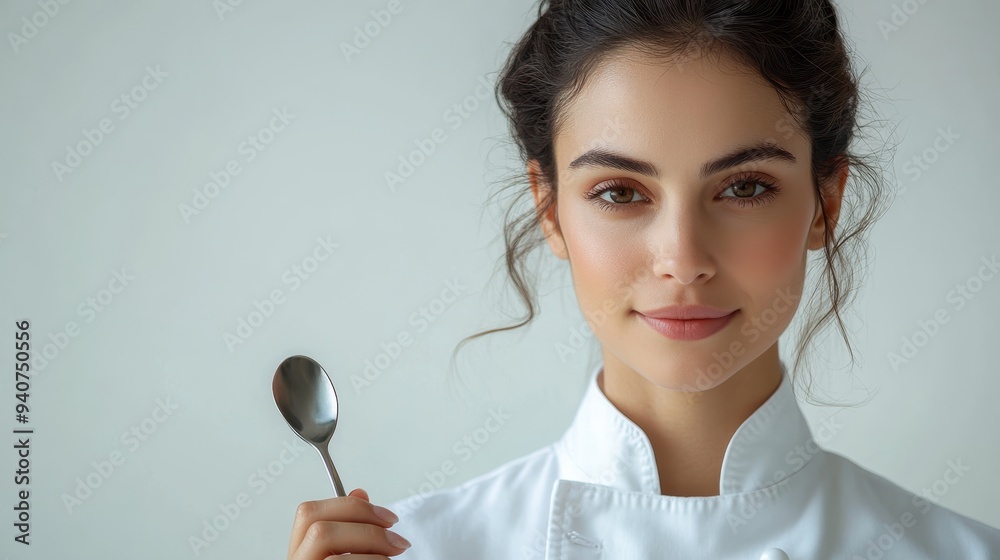 Confident Female Chef in Crisp Jacket Holding Spoon - Professional Culinary Portrait on White Background Confident Female Chef in Crisp Jacket Holding Spoon - Professional Culinary Portrait on White Background