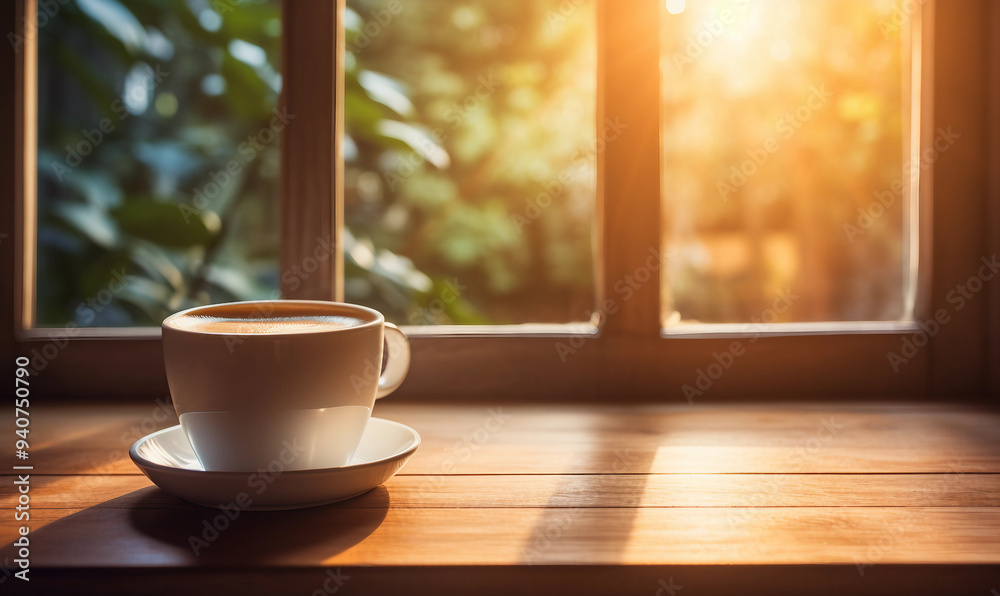 White coffee cup on wooden table with sunlight White coffee cup on wooden table with sunlight
