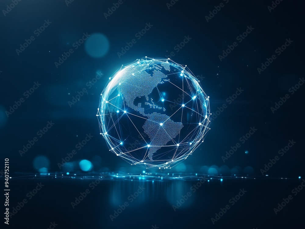 Digital representation of Earth with interconnected network. Concept of global communication, technology, and connectivity. Digital representation of Earth with interconnected network. Concept of global communication, technology, and connectivity.