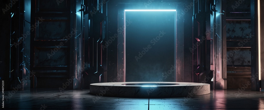 futuristic portal science fiction podium pedestal platform modern empty cyberpunk podium mockup space background, stage, advertisement, horizontal, merchandise, shadow, show, marble