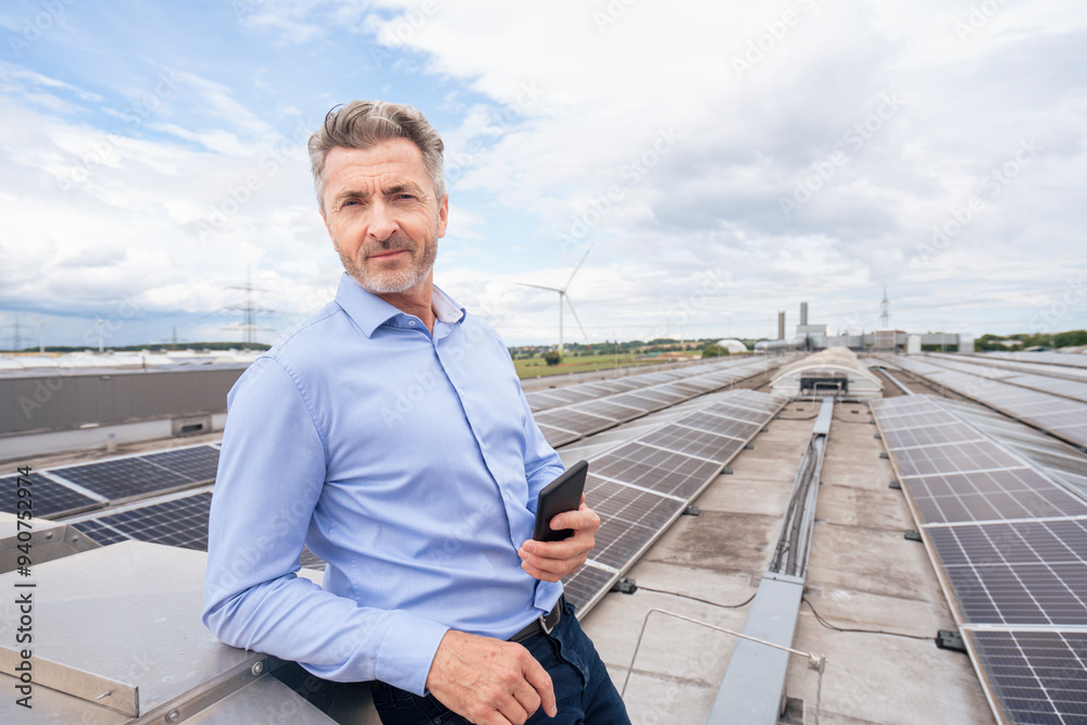Businessman leaning on wall and holding smart phone on rooftop with solar panels