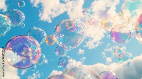 scene of a bright blue sky filled with a myriad of bubbles