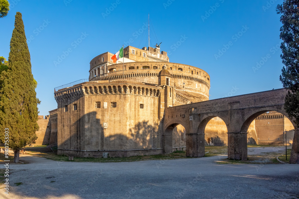 View of Castle Sant'Angelo under blue sky in Rome View of Castle Sant'Angelo under blue sky in Rome