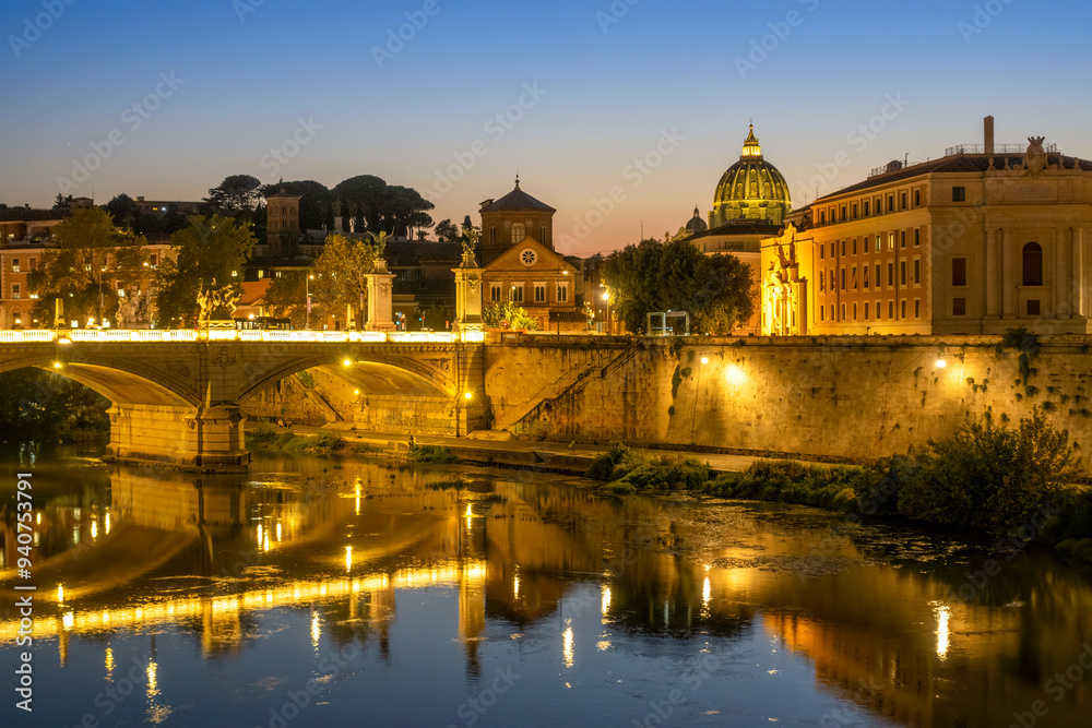 Basilica of St. Peter's in Vatican and Bridge of Angels at blue hour Basilica of St. Peter's in Vatican and Bridge of Angels at blue hour