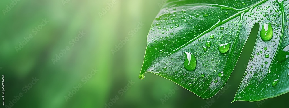 A tight shot of a green leaf dotted with water droplets, surrounded by a softly blurred backdrop of leaves A tight shot of a green leaf dotted with water droplets, surrounded by a softly blurred backdrop of leaves