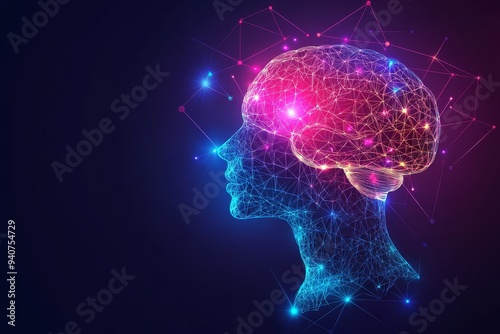 Abstract digital portrait of a woman with a glowing brain and neural connections symbolizing intelligence cognitive function and introspection in a vibrant high tech design