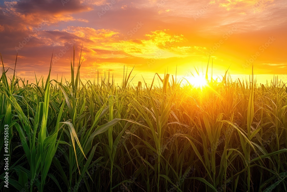 Fototapeta premium Sunset over a field of grass. This picture shows a beautiful sunset with a field of grass in the foreground, ideal for agriculture and nature themes.
