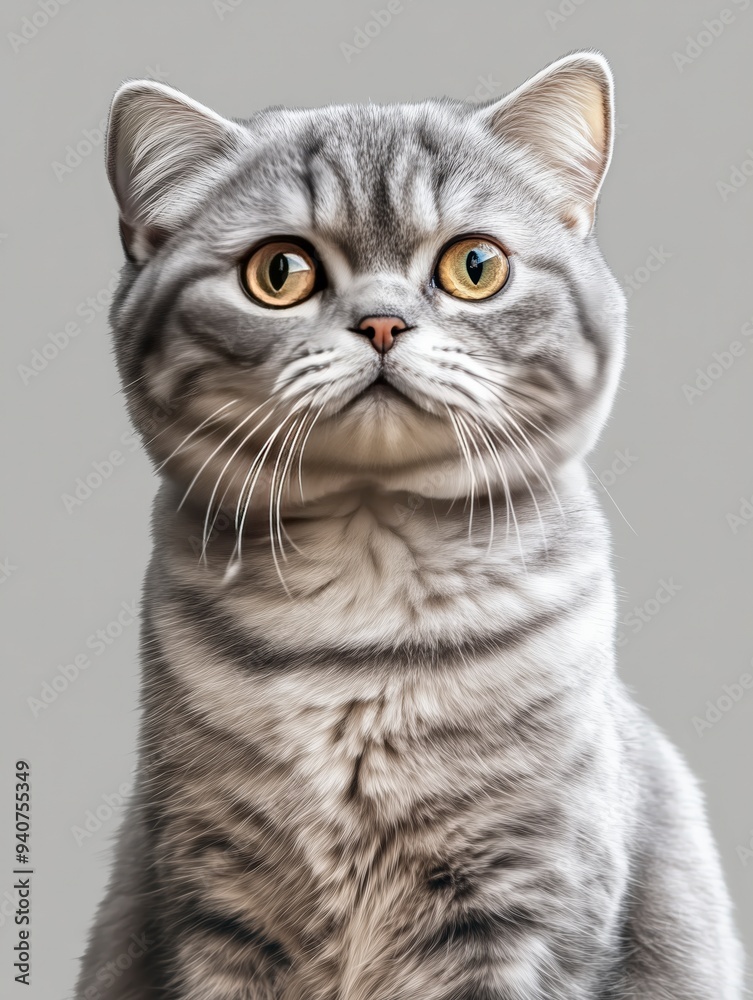 Obraz premium A close-up of a gray tabby cat with large eyes and a curious expression.