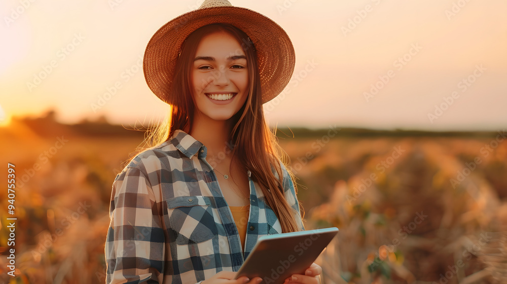 Fototapeta premium A beautiful young female farmer smiles while holding her tablet in the middle of an organic farm field and warm orange background