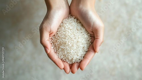 Hands holding a pile of white rice grains, symbolizing food and agriculture
