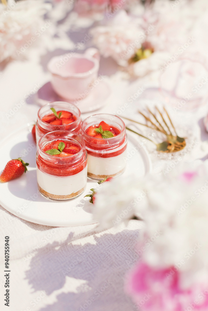 Panna cotta with strawberries in jar on picnic blanket Panna cotta with strawberries in jar on picnic blanket