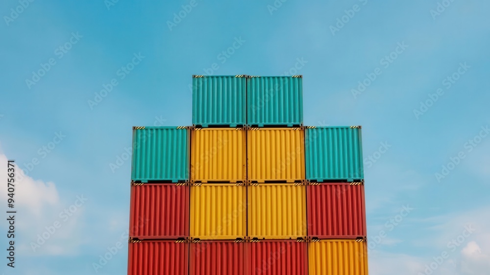 Fototapeta premium Colorful shipping containers stacked against a blue sky, creating a vibrant and striking industrial scene.