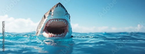  A tight shot of a shark's gaping maw submerged in blue water against a backdrop of clear sky photo