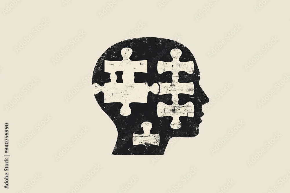 Abstract digital illustration of a human head with puzzle pieces symbolizing cognitive complexity mental health and problem solving in a minimalistic modern design Abstract digital illustration of a human head with puzzle pieces symbolizing cognitive complexity mental health and problem solving in a minimalistic modern design