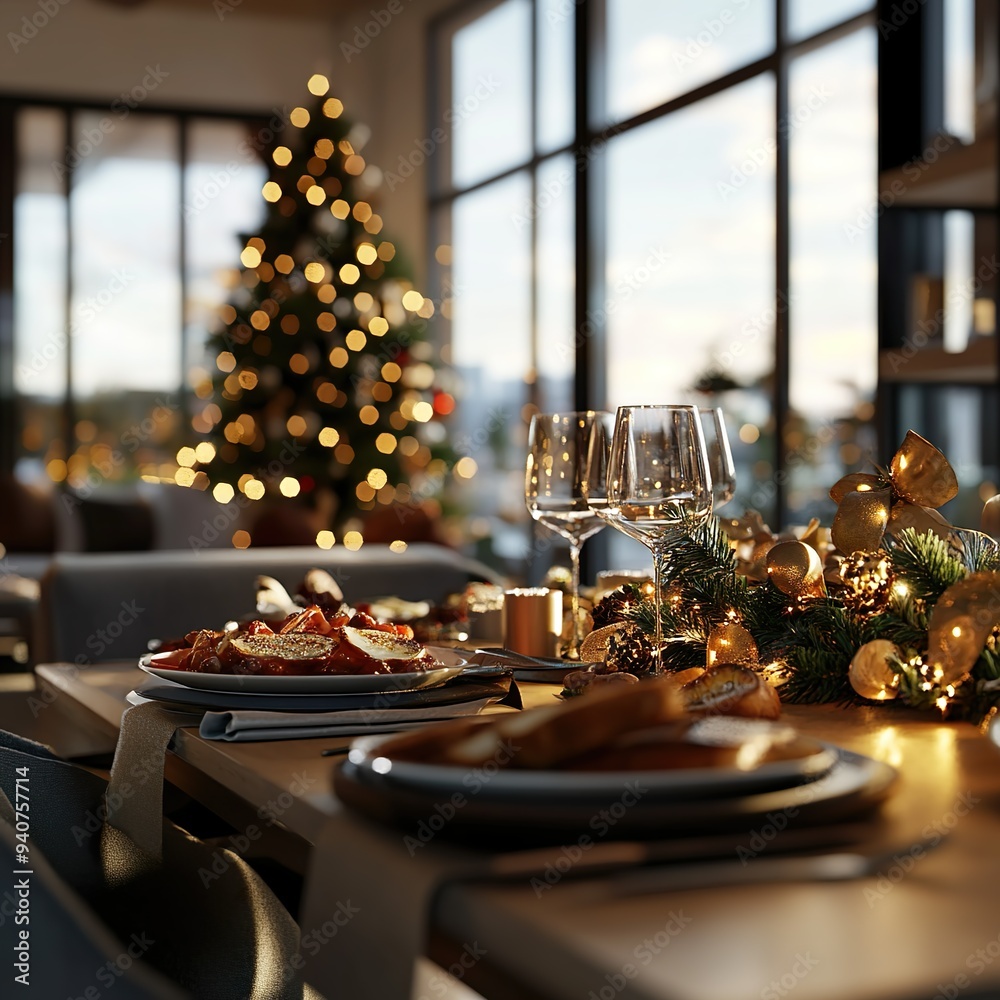 Ein festlich gedeckter Tisch mit einem Weihnachtsessen Ein festlich gedeckter Tisch mit einem Weihnachtsessen