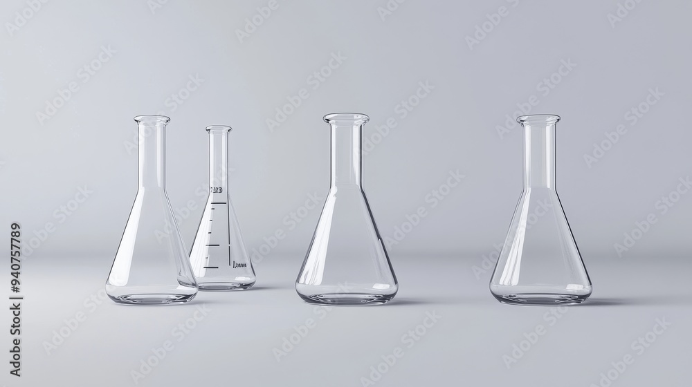 A row of four empty glass beakers and a graduated cylinder on a white background. A row of four empty glass beakers and a graduated cylinder on a white background.