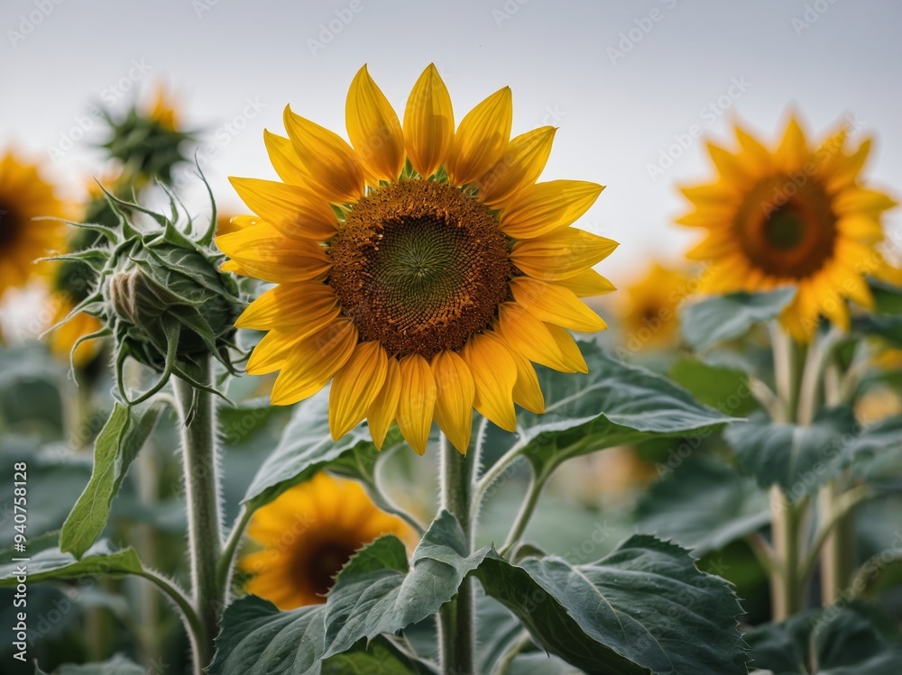Obraz premium A vibrant sunflower stands tall amidst a field of its kind basking in the soft light of an overcast sky