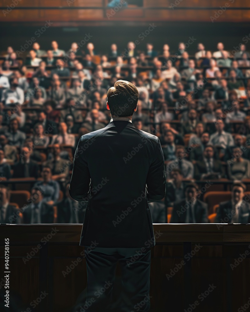 Rear view of businessman standing in front of audience at conference hall Rear view of businessman standing in front of audience at conference hall