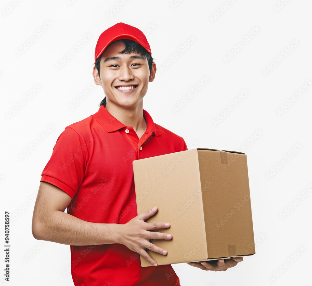 Mail delivery, an Asian guy in a red T-shirt and cap holds a paper box in his hands on a light background Mail delivery, an Asian guy in a red T-shirt and cap holds a paper box in his hands on a light background