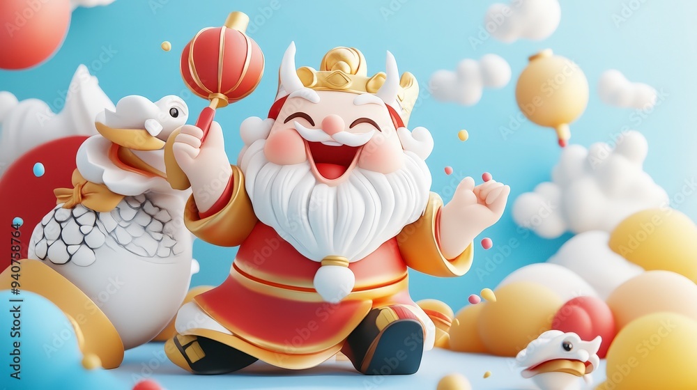 A cheerful cartoon character with a crown and beard, celebrating with lanterns and decorations. A cheerful cartoon character with a crown and beard, celebrating with lanterns and decorations.