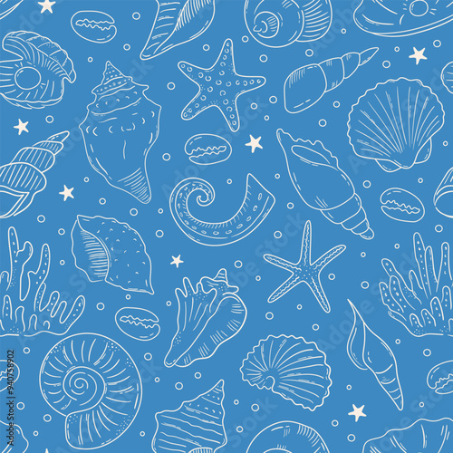 Seamless vector pattern with hand drawn sea shells, conch, tentacle, starfish, corals. Outline marine drawings on blue background. Sketch silhouettes of seashore elements for wallpaper, textile design