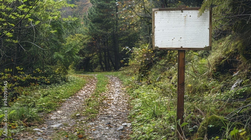 Blank Wooden Sign on a Forest Trail. Blank Wooden Sign on a Forest Trail.