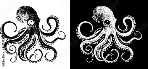 An octopus or cthulhu tattoo style woodcut kraken mascot squid concept