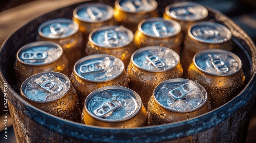Bucket of Ice and Cold Beer Cans Ready for Refreshment Bucket of Ice and Cold Beer Cans Ready for Refreshment