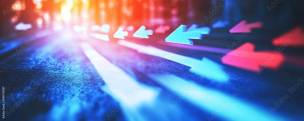 Fototapeta premium Abstract blurred background with blue and red arrows.