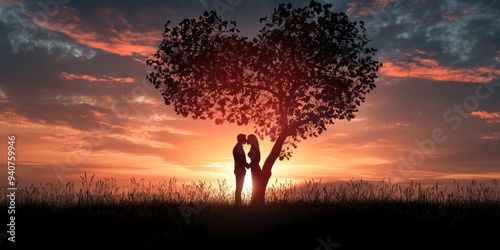 A romantic silhouette of a couple under a heart-shaped tree at sunset, symbolizing love and connection in nature.