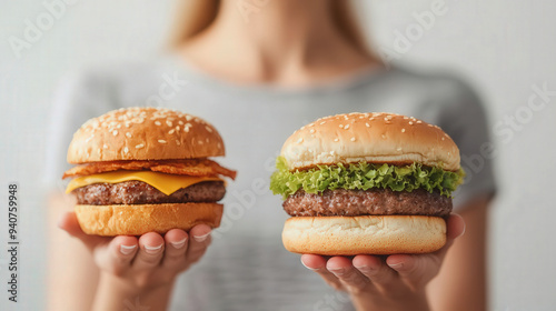 A person holding a delicious hamburger with cheese, lettuce, tomato, and sesame bun isolated on a white background photo