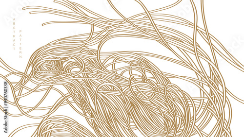 Noodles banner with brown and yellow ramen pattern on white background in vintage style. Wave abstract art illstration. Hand drawn line in elegant style.	