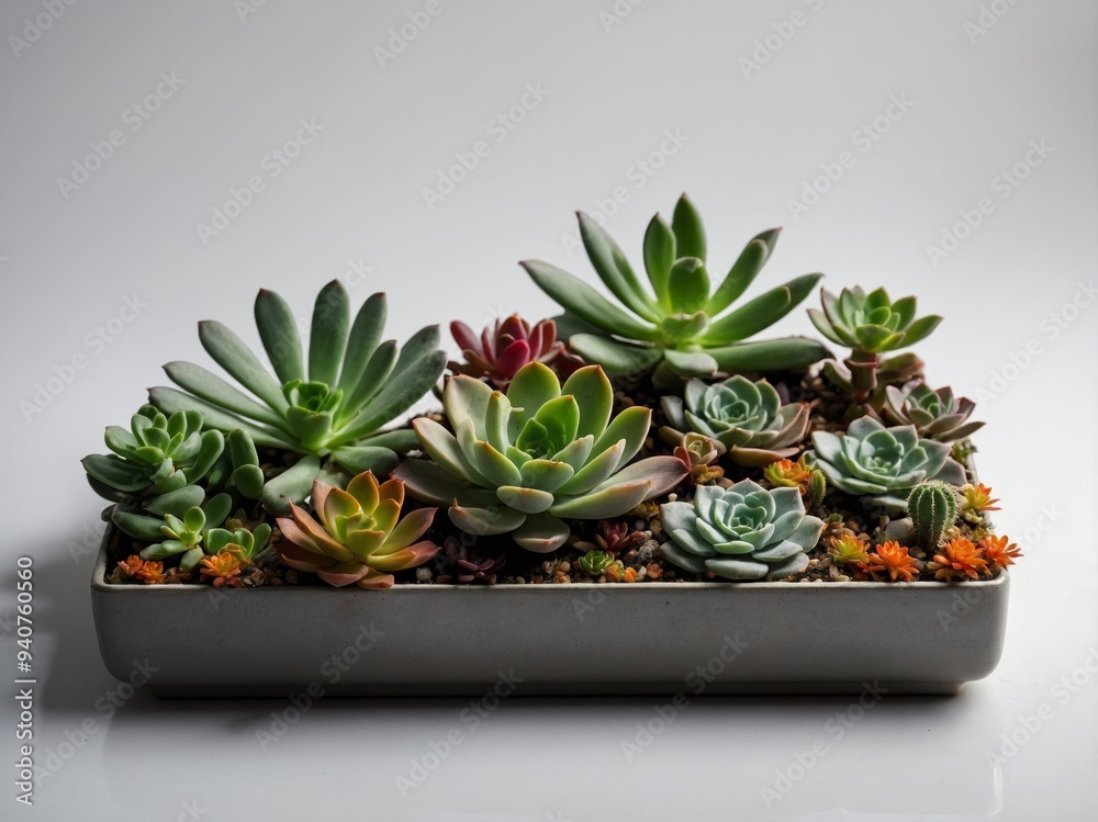 Photograph of a meticulously arranged succulent garden in a rectangular ceramic planter Photograph of a meticulously arranged succulent garden in a rectangular ceramic planter