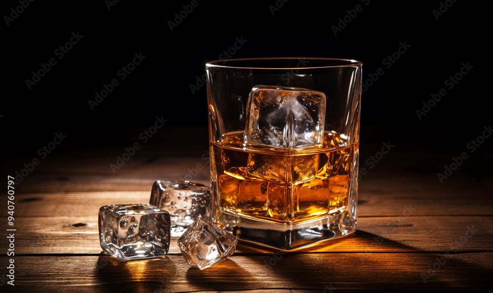 Glass of Whiskey on Wooden Bar with Ice Cubes Glass of Whiskey on Wooden Bar with Ice Cubes