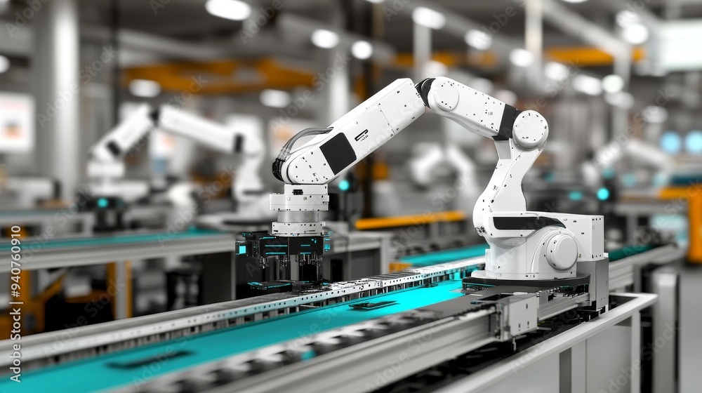 Automated robotic arms on a factory assembly line, showcasing modern manufacturing technology. Automated robotic arms on a factory assembly line, showcasing modern manufacturing technology.