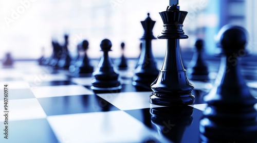 Black chess pieces on a board, focus on king and queen, strategic game concept. photo