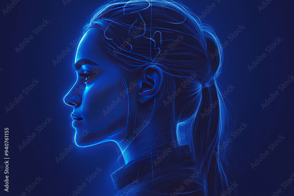 Futuristic digital portrait of a woman with a glowing brain and neural connections symbolizing intelligence cognitive function and mental health in a vibrant high tech design Futuristic digital portrait of a woman with a glowing brain and neural connections symbolizing intelligence cognitive function and mental health in a vibrant high tech design