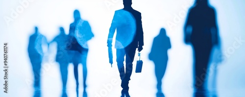 Blurry silhouettes of people walking in a blue hue. photo