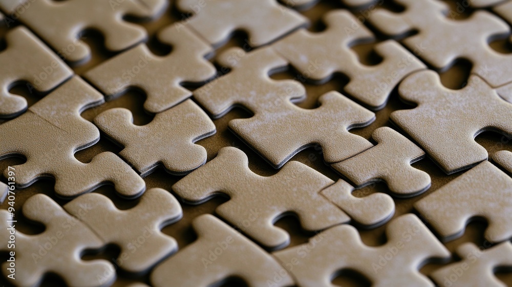 Close-up of a partially completed brown jigsaw puzzle. The interlocking pieces create a textured pattern. Close-up of a partially completed brown jigsaw puzzle. The interlocking pieces create a textured pattern.