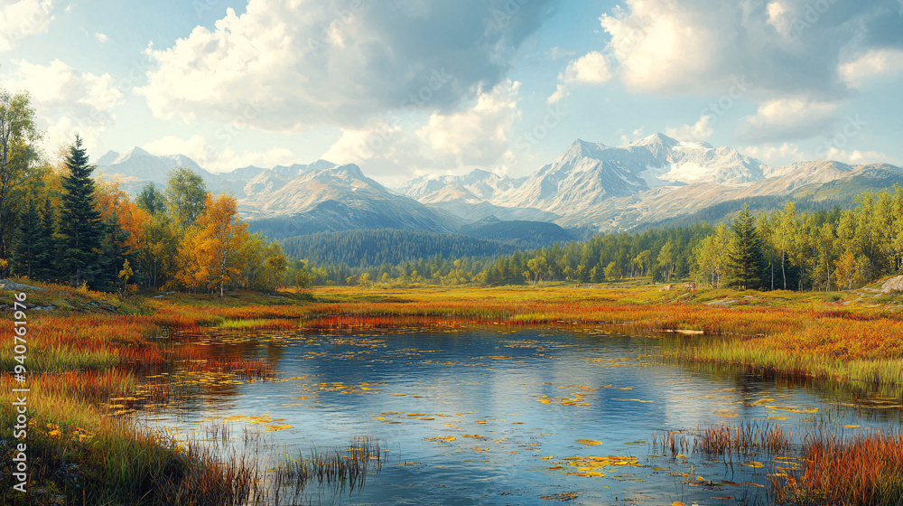 Fototapeta premium a serene autumn scene with a tranquil lake reflecting the colors of the season, surrounded by a forest of trees with vibrant fall foliage.