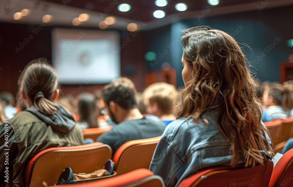 A woman with long hair sits in a chair in a crowded room