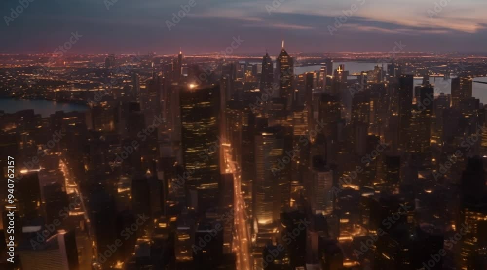 Aerial view of a city skyline with skyscrapers at dusk.
